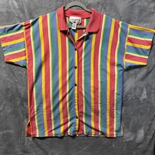 Vtg 90s Rainbow Stripe Button Shirt Womens 2XL Carolina Colours Short Sleeve Bol