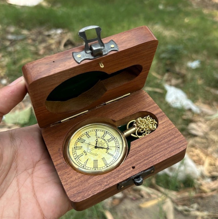 Vintage Antique Maritime Brass Pocket Watch Victoria London Gift With Wooden Box