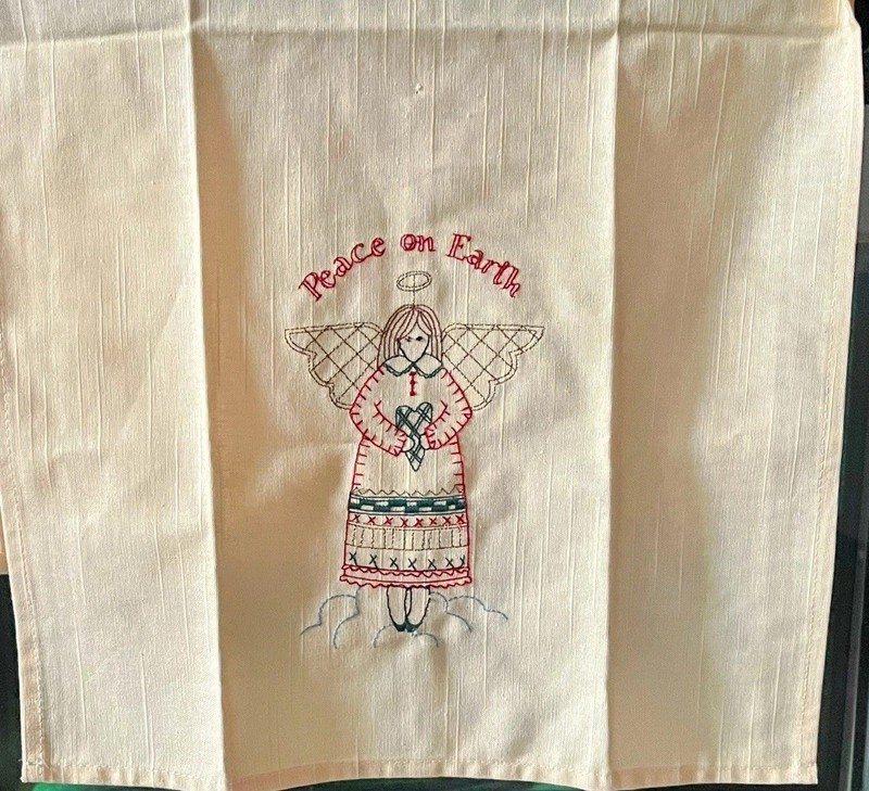 Vintage Hand Embroidered Ange Tea Towel With Peace On Earth Holiday Decoration