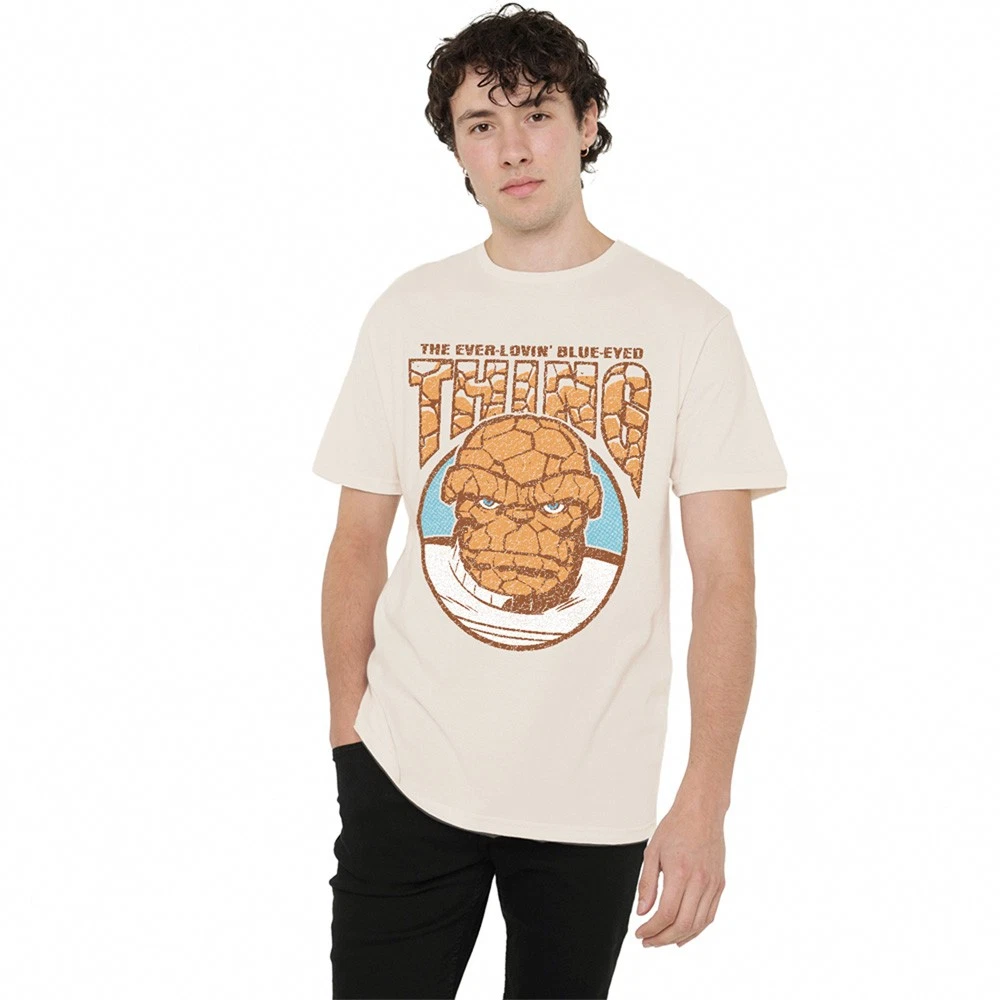 T-shirt Fantastic Four Marvel - Licence Officielle, Coupe Classique, Manches Doubles, Motif Grille Bleu
