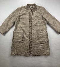 CHICOS Jacket Beige Metallic Tweed Open Front Coat Fringe Pockets Size 2 L D02