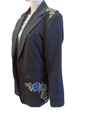 Navy Blue Blazer Size 10 Light Blue Floral Appliqués Western Church Suit Jacket