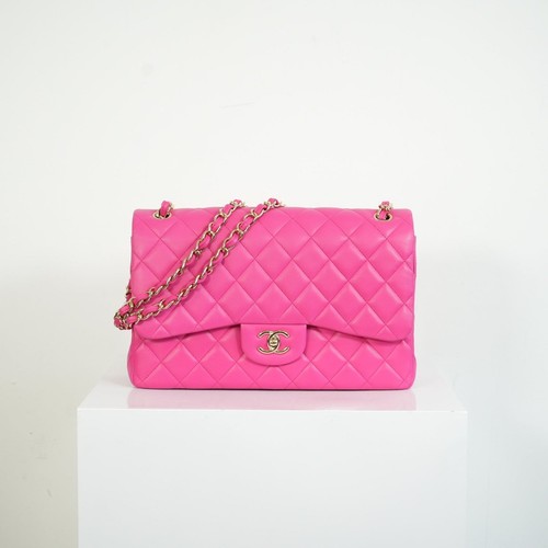 Chanel Hot Pink Quilted Lambskin Classic Double Flap Bag Gold Hardware Medium
