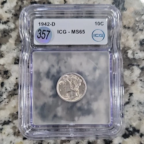 Mercury Dime 1942-D Silver 10C ICG MS65 Certified Coin Denver