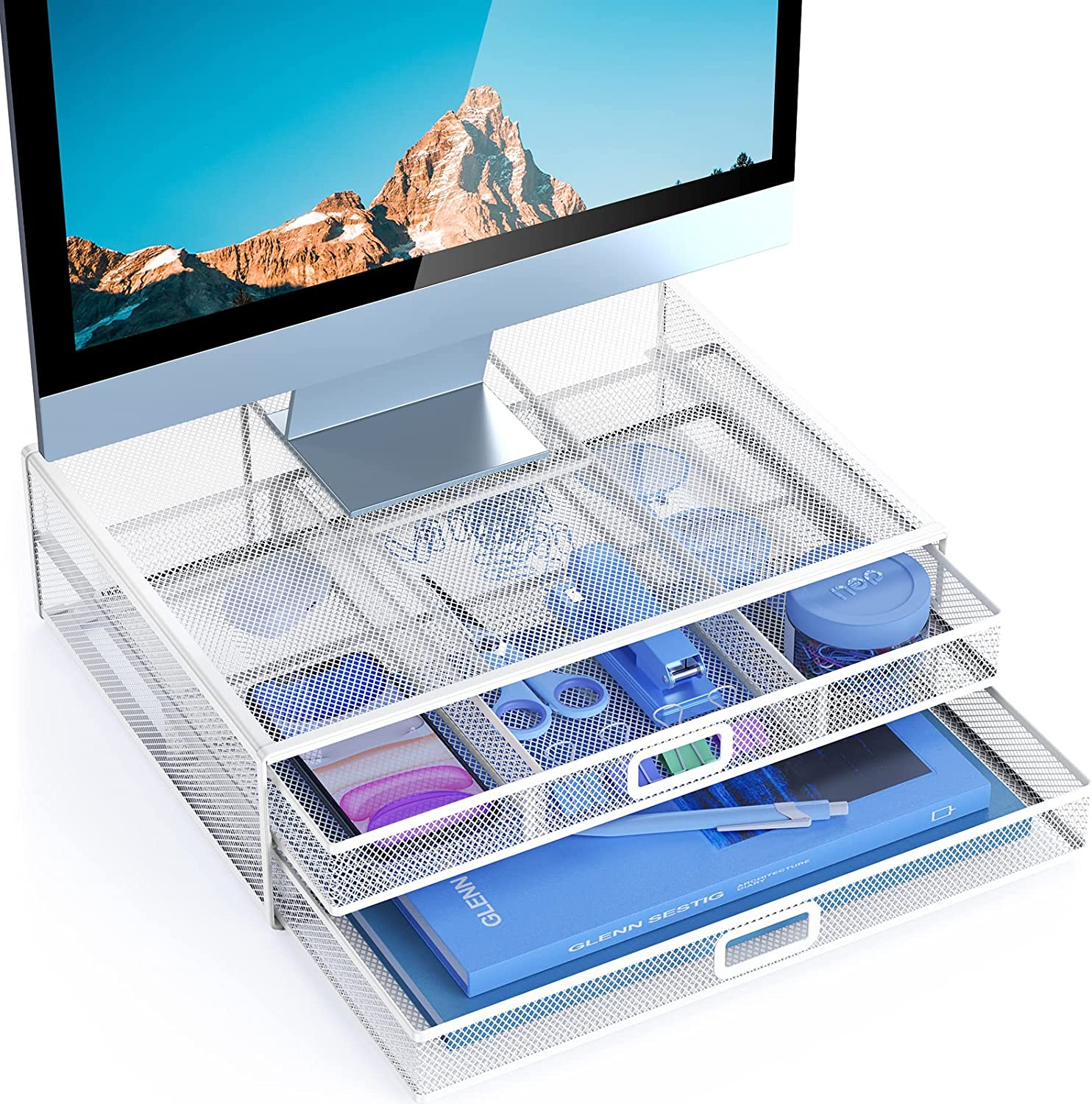 Monitor Stand Riser with Drawer - Mesh Metal Desk Organizer PC, Laptop, Notebook-image