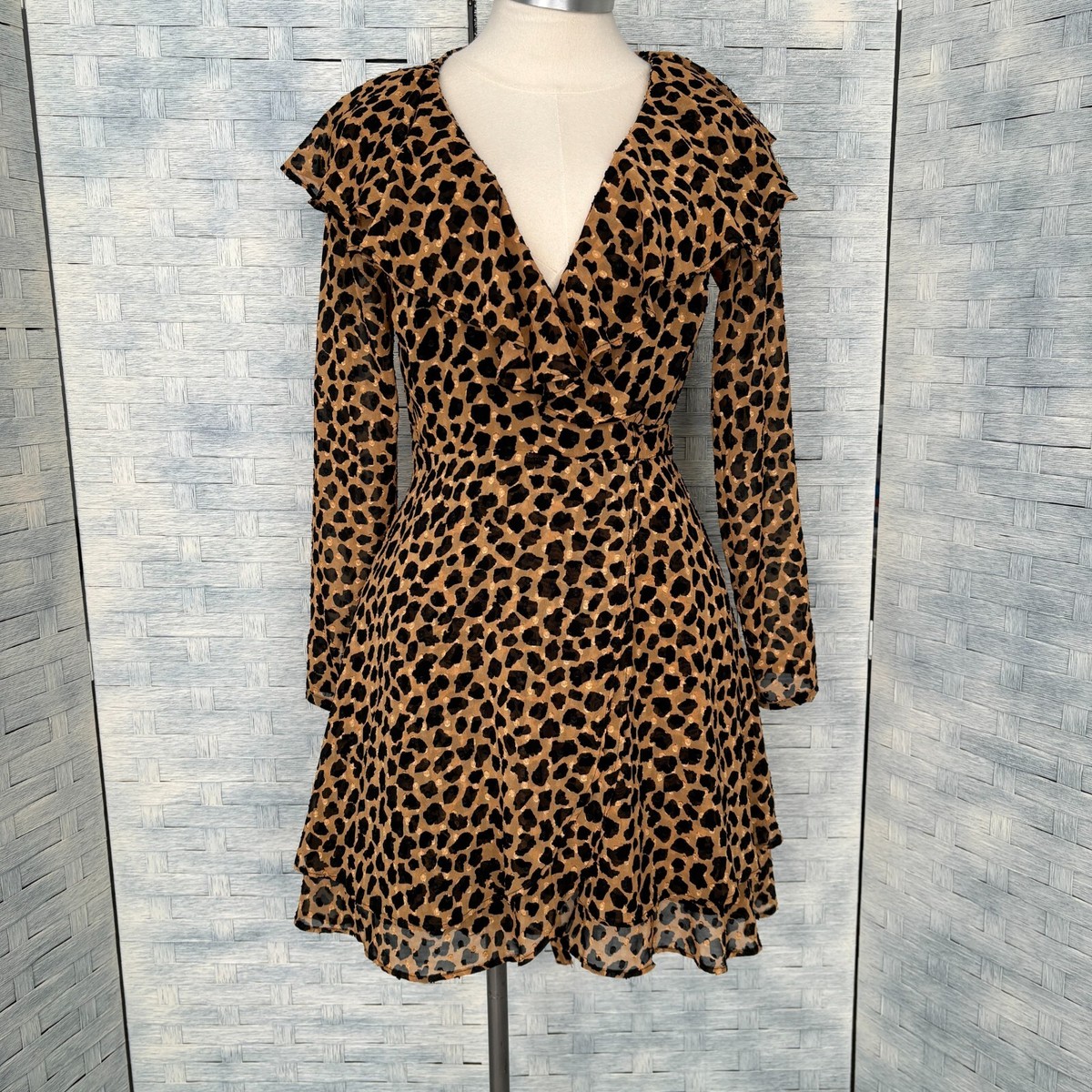 Free People Frenchie Leopard Print Wrap Dress Ruffle Accent Hem sz