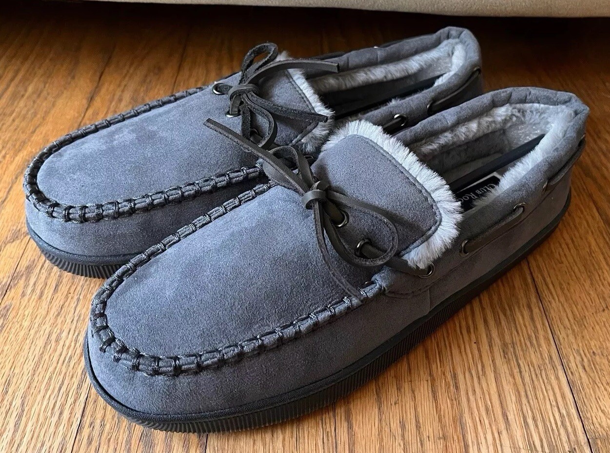 SAOLA Pantofole uomo club room Macy’s nuove con scatola grigio medio interno esterno suola 8 9