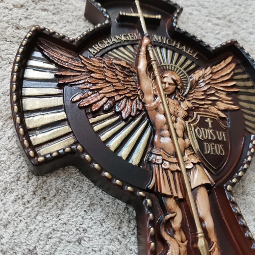 St Michael the Archangel. Wood Carved picture, cross. gift for him, gift for mom