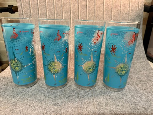 Vintage MCM Florida Souvenir Gläser 4er Set High Ball Map Aqua Türkis - Bild 5 von 10