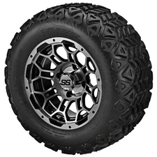 (4) Golf Cart 22x11-12 Black Trail Tires on 12x7 Black/Machined Hercules Wheels