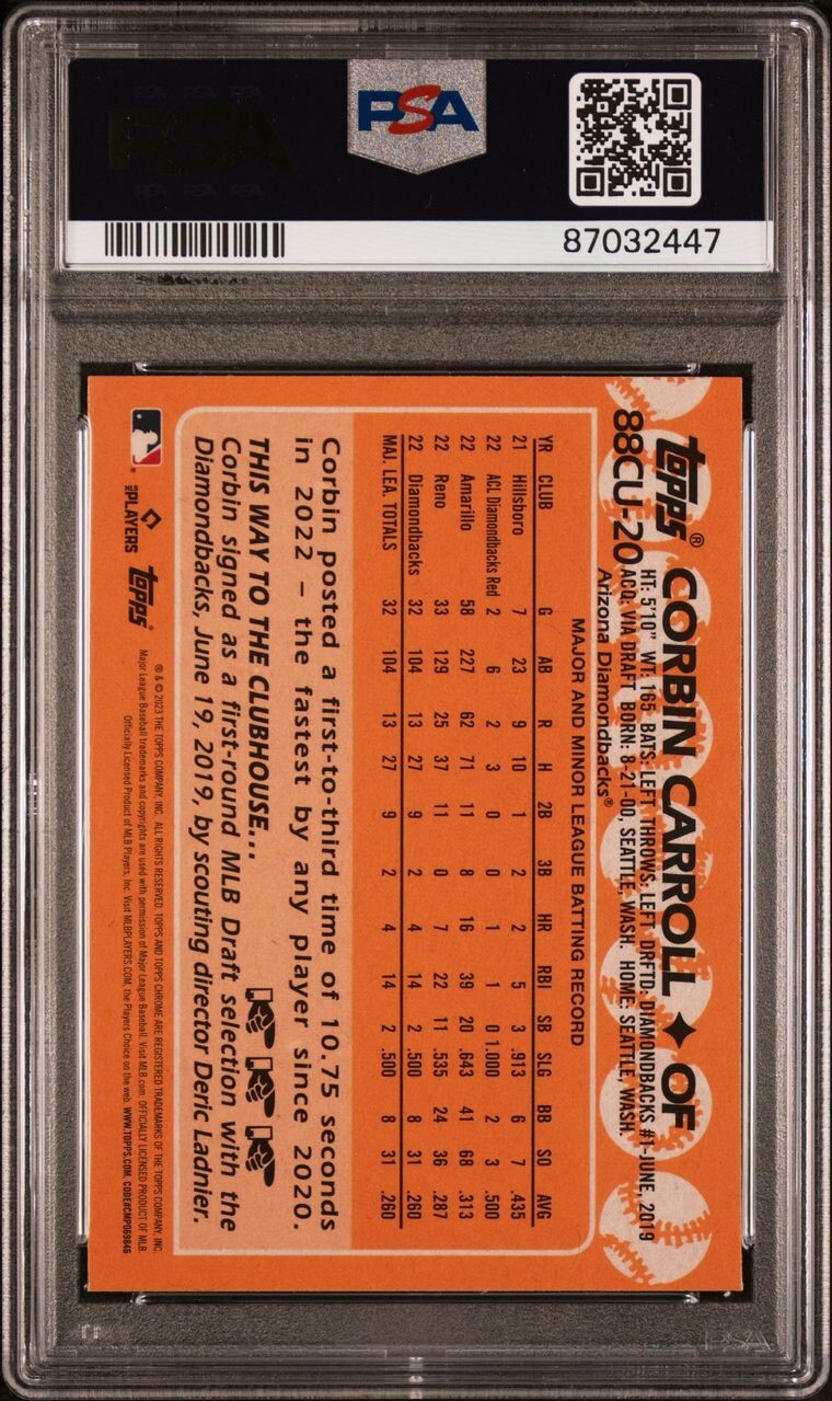 2023 TOPPS CHROME UPDATE CORBIN CARROLL 1988 REFRACTOR ROOKIE #88CU-20 PSA 9 view 2