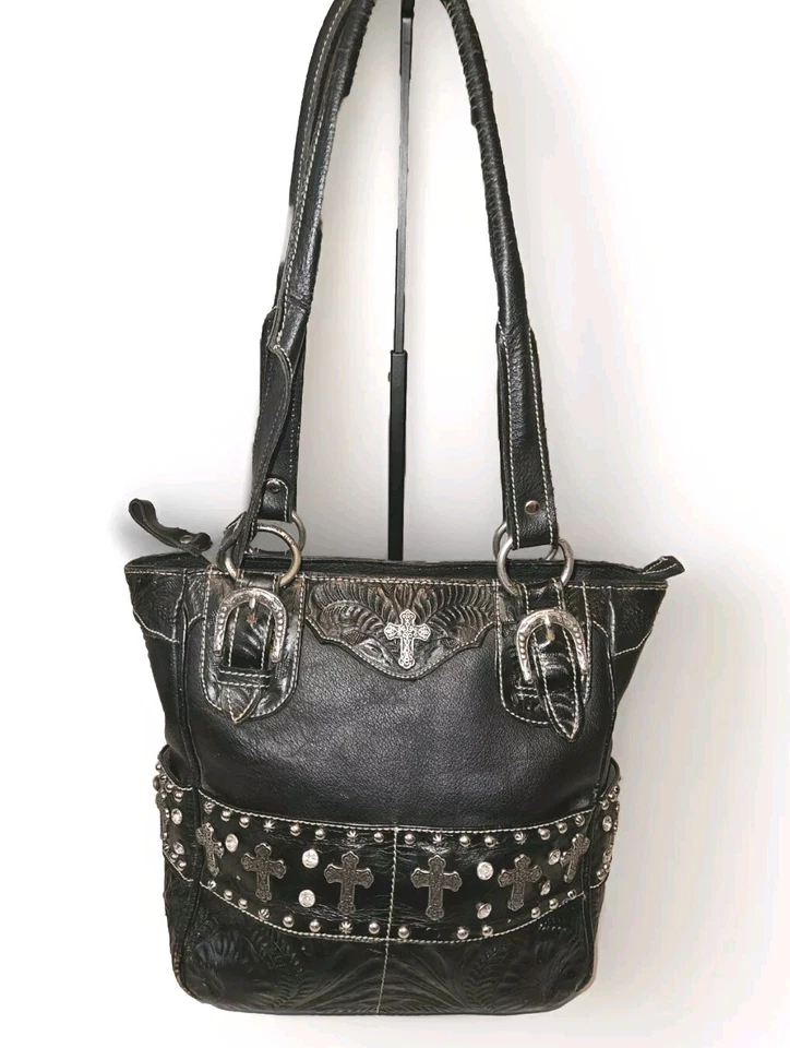 Bolso Cartera American West Cross Cremallera Superior Cuero Negro Tachonado Tooled 12x8x4 Foto 3 de 4