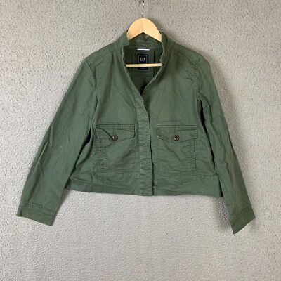 Gap Jacket Women Small Green Canvas Crop Pleated Shacket Military