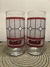 Set of 2 VINTAGE LIBBEY COCA COLA GLASSES FROST TIFFANY STYLE WINDOW PANE