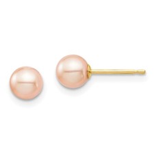 Real 14K Yellow Gold Madi K 5-6mm Pink Round Cultured Pearl Stud Post Earrings