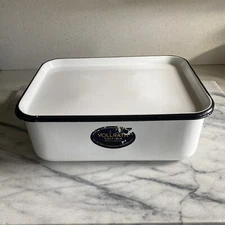 Vintage Vollrath White Black Trim Enamel Ware Large Refrigerator Pan With Lid