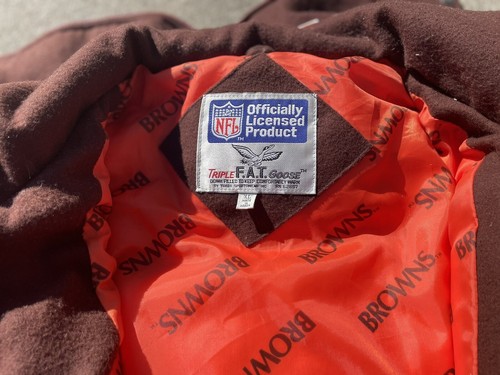 vntg Cleveland Browns Triple Fat Goose jacket XL/L leather wool down 90s puffer - Picture 8 of 12