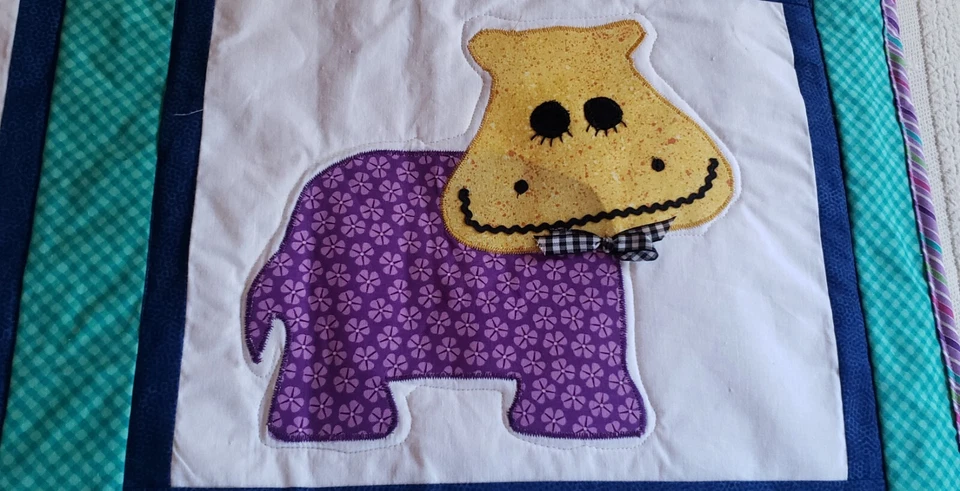 Unisex Hippo Appliqué Baby Quilt Multicolored Hand Made 56 x 48 Inches - Image 2 of 4