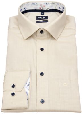 OLYMP Hemd Modern Fit Struktur Kontrastknöpfe beige extra langer 69cm Arm