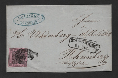 GERMANY BADEN 1851 NINE KR. SCOTT #4A TIED ON FOLDED LETTER FROM MANNHEIM