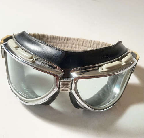 Vintage CLIMAX 510 Motorcycle Aviator Goggles Padded Black Leather Chrome SPAIN