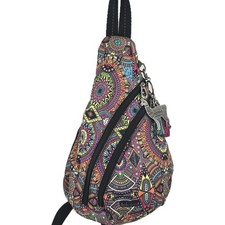 SakRoots On The Go Sling Pack Backpack Rainbow Wanderlust Llama Tassel Charm EUC