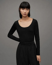 Image of All Saints Women's Black Long Sleeve Katlyn Bodysuit Scoop Neck Stretchy Fabric