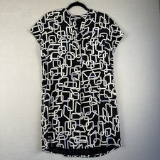 Tyler Boe 100% Silk Shirtdress Women Sz Small Black V Neck Geo Print Lined Artsy