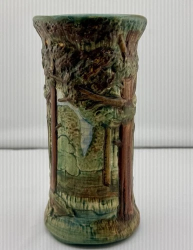 Antique Weller Woodcraft  Forest Art Pottery 8" Cylinder Vase Circa 1920