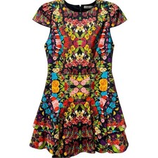 New Alice + Olivia Ainsley Floral Double Ruffle Stretch Cotton Mini Dress 6 $398
