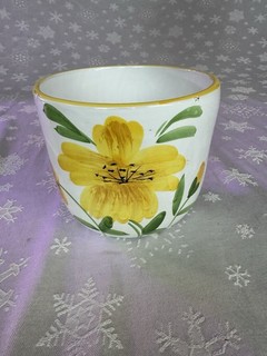 Vintage Italian Hand Painted White Yellow Flower Glazed Pottery 5” Flower Pot