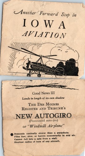 Papel publicitario avión Autogiro tribuna registro Des Moines década de 1930 IA C17 - Imagen 3 de 3