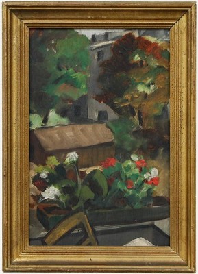 Gerahmtes Öl Aus Der Mitte Des 20. Jahrhunderts - Geranien Auf Dem Balkon