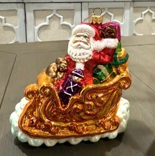 Hand Made In Poland Mouth Blown Glass Santa in Sleigh Ornament NIB