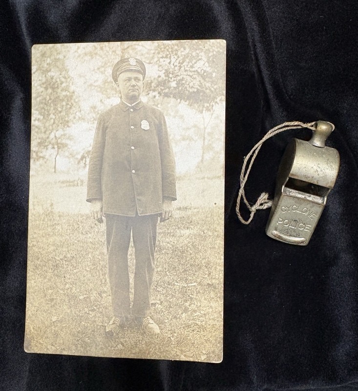 Antique Police RPPC Photo With Cyclone Police Whistle Early 1900s 