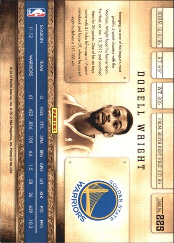 2011-12 Panini Gold Standard Warriors Basketball Card #225 Dorell Wright - Picture 2 of 2