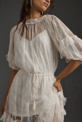 Anthropologie Size XL Let Me Be White Lace Short Sleeve Ruffle Maxi Dress NWT - Picture 3 of 10
