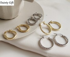 Women Girl 925 Sterling Silver Twist Band 15 mm 20 mm Gold Silver Hoop Earring