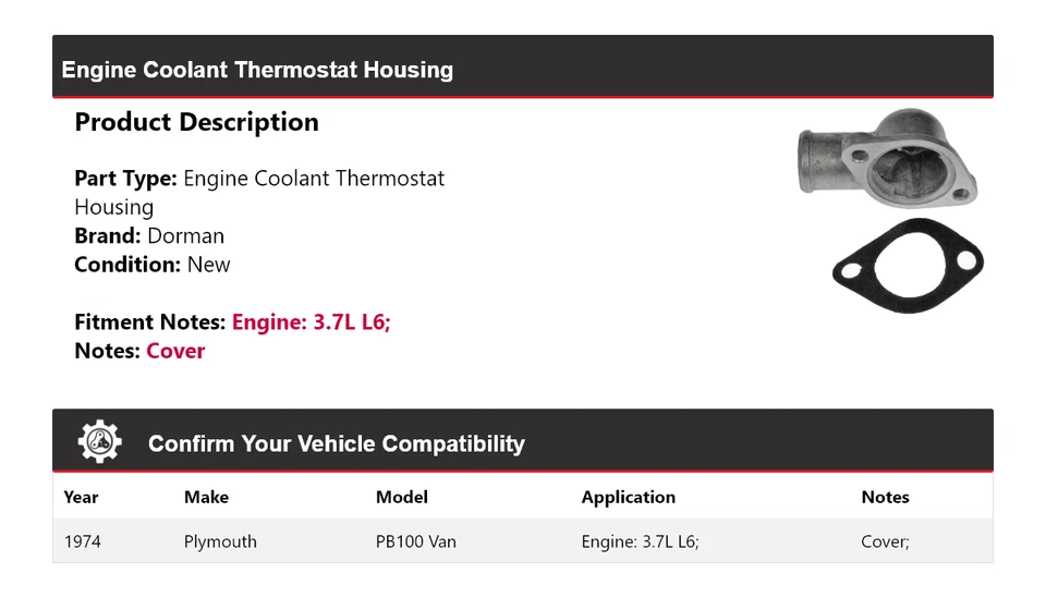 Carcasa termostato refrigerante motor Dorman 3,7 L L6 furgoneta Plymouth PB100 1974 Foto 2 de 4