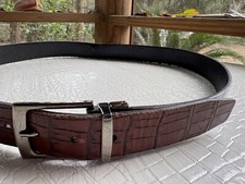 Genuine Leather Belt Mens 42 Croc Embossed Glossy Brown Stainless Steel Buckle