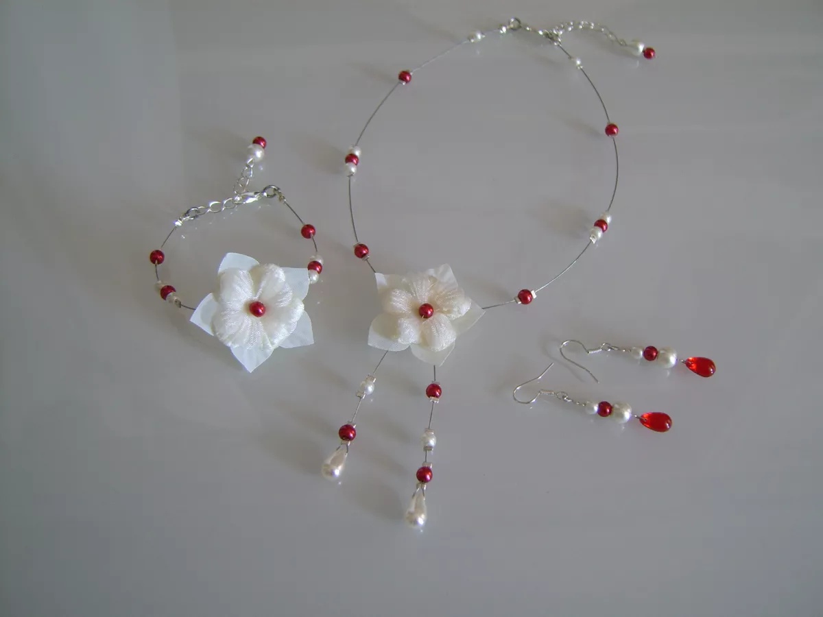 Parure Bijoux Rouge Ivoire Ecru Blanc robe Mari e Mariage fleur collier pas cher