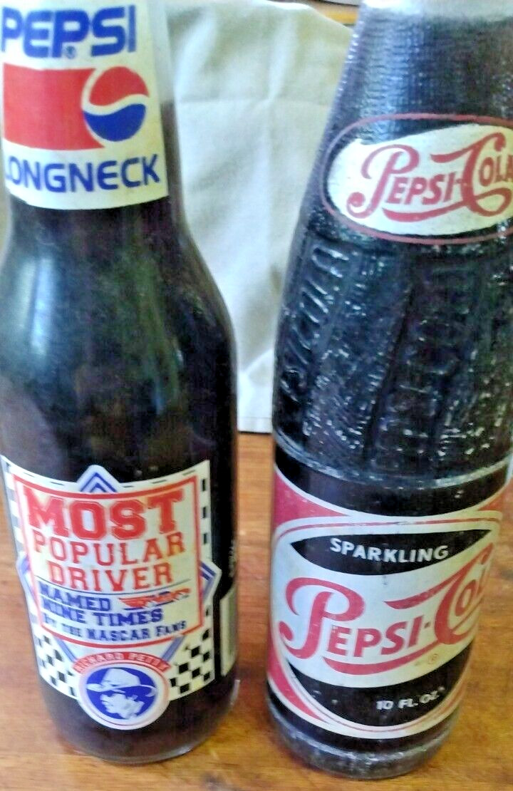 2 Unopened PEPSI bottles: 1958 10 oz Panama City, FL; ca 90s 12 oz Richard Petty