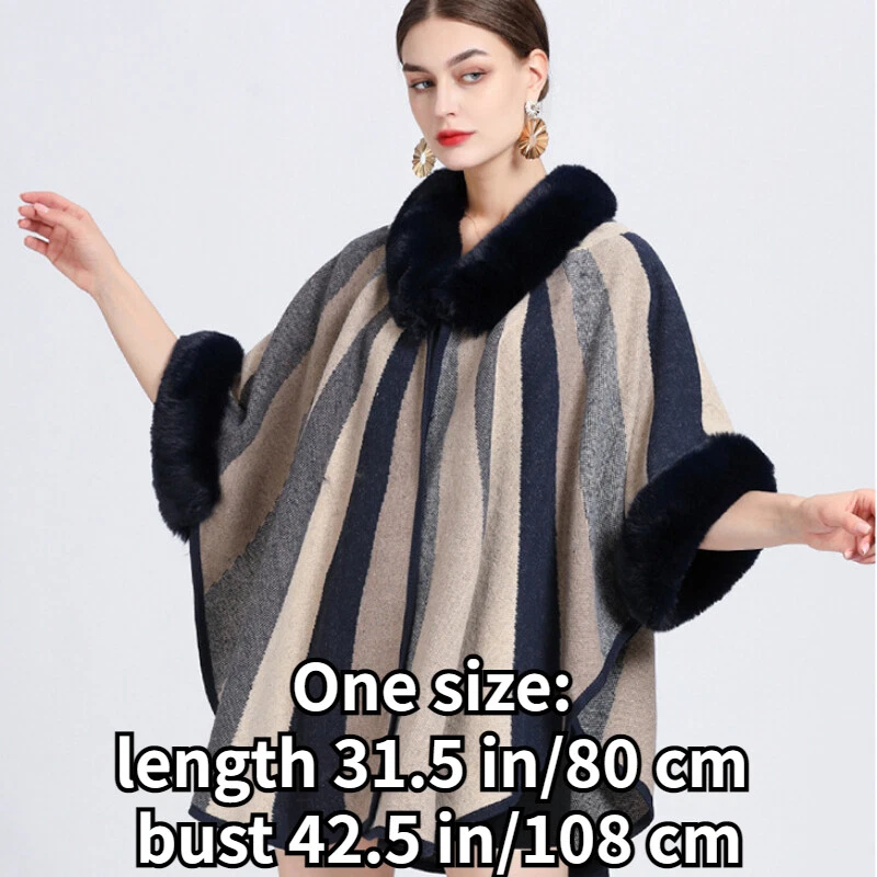 Ladies Faux Fur Collar Woolen Poncho Shawl Cape Cloak Cardigan Batwing Striped - Image 2 of 4
