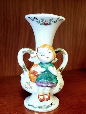 Vtg Bud Vase Little Girl Ginger Japan Red Head Hand Painted