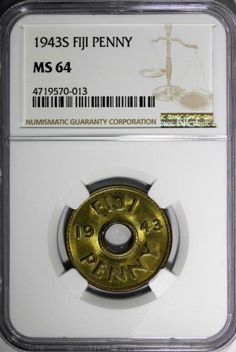 Fiji George VI Brass 1943 S 1 Penny NGC MS64 WWII Emergency Issue KM# 7a (013) - Picture 2 of 4
