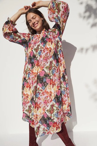 Anthropologie Shara Pleated Midi Dress Multicolor Floral Long Sleeve Size S NWT