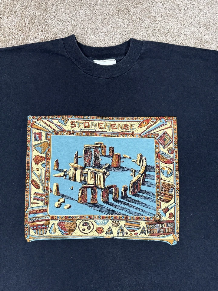 巨石阵艺术品复古 1990 年代单针黑色纪念品 T 恤 XL — 第 3/4 张图片