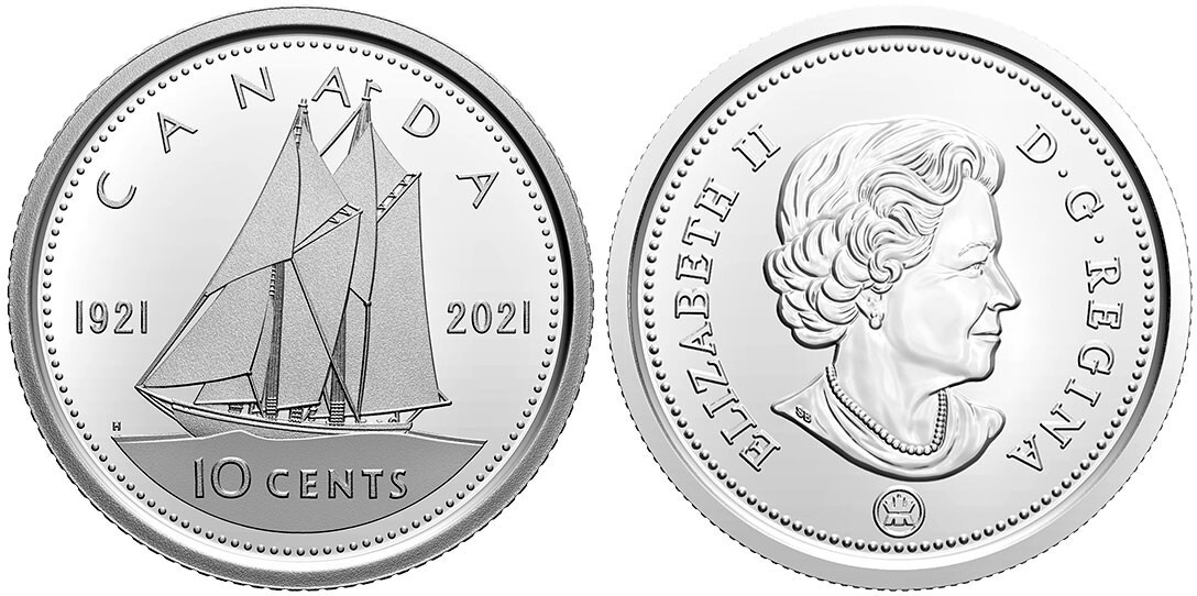 1921-2021 Canadian Bluenose Schooner Dime Ten Cent Double Date BU