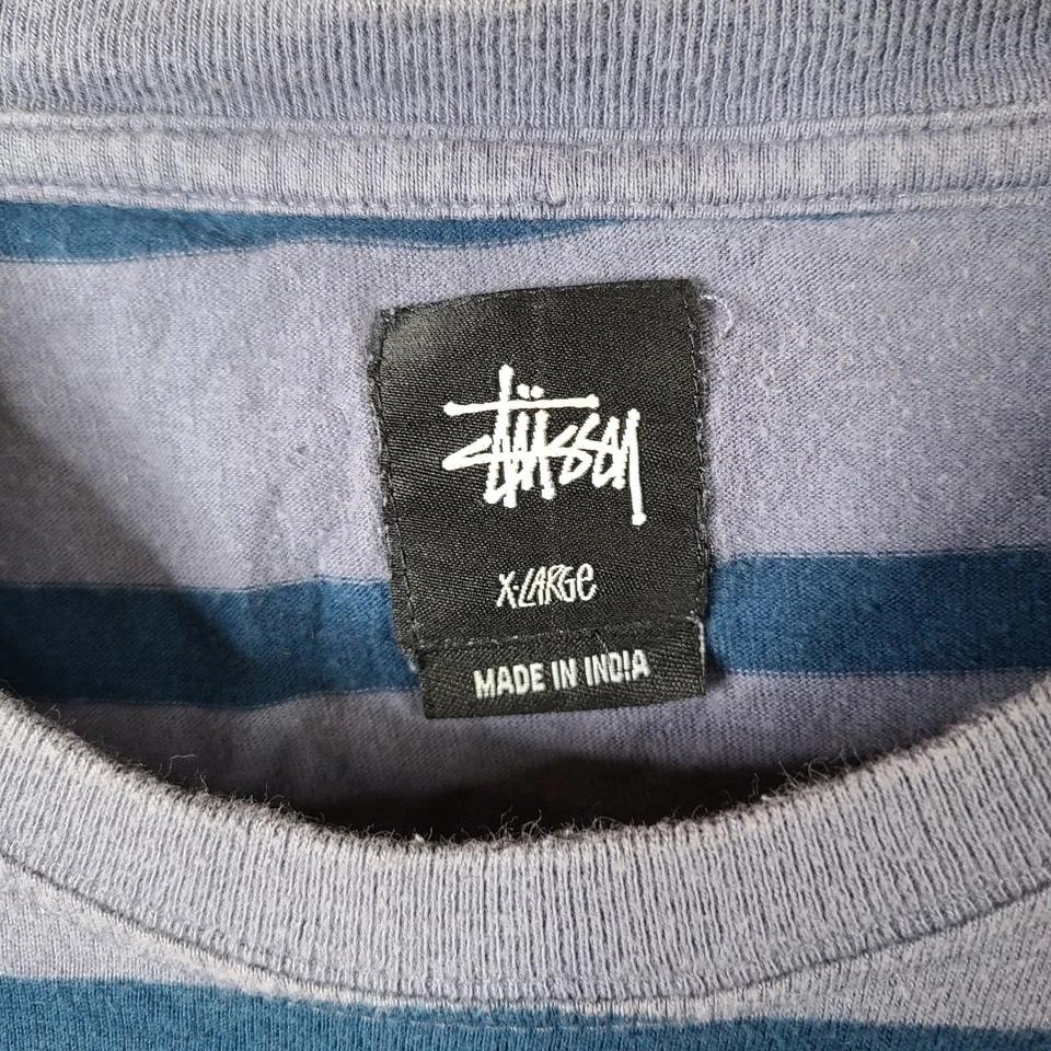 Camisa Stussy Para Hombre XL Gris Azul Rayas Manga Larga Algodón Cuello Redondo Foto 4 de 4