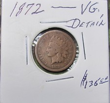 RARE 1872 INDIAN HEAD CENT PENNY LOT. (VG. DETAIL)